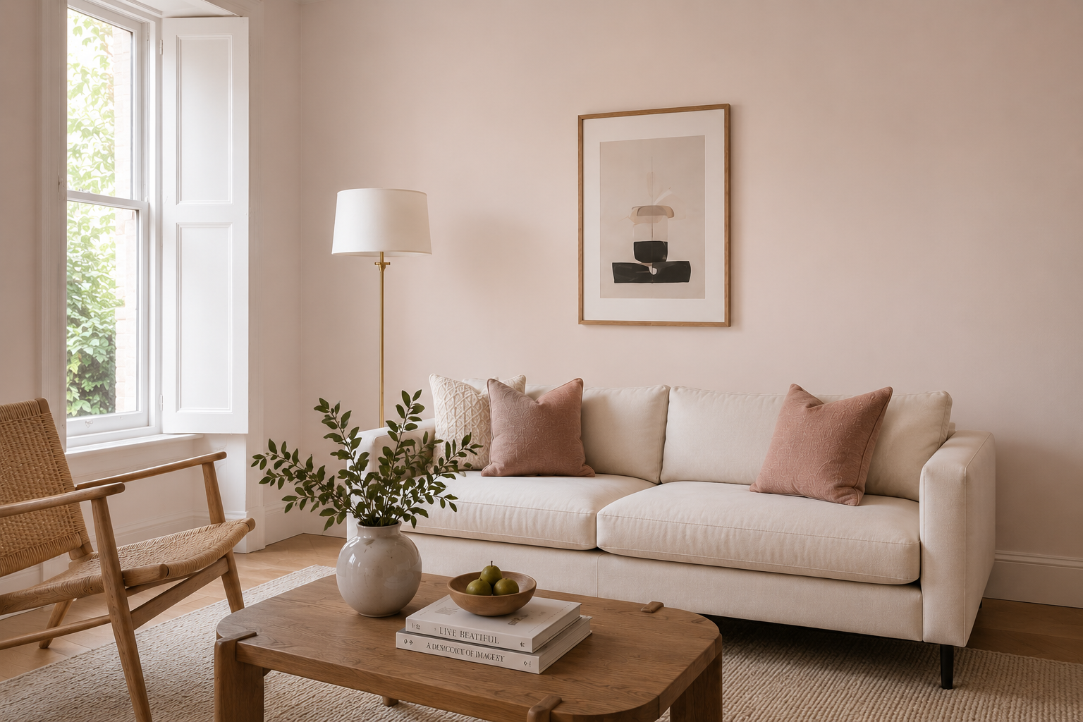 Calm contemporary living room painted with Verus Paint, showing how beautiful colour and thoughtfully formulated paint can create a healthier home.