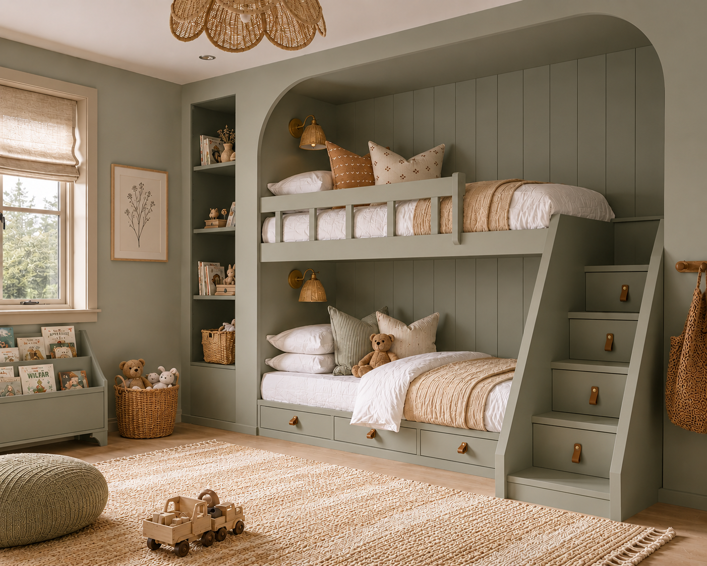 Muted green children’s bedroom with built-in bunk beds, painted panelling and calming neutral décor featuring warm wood, natural textures and soft earthy tones.