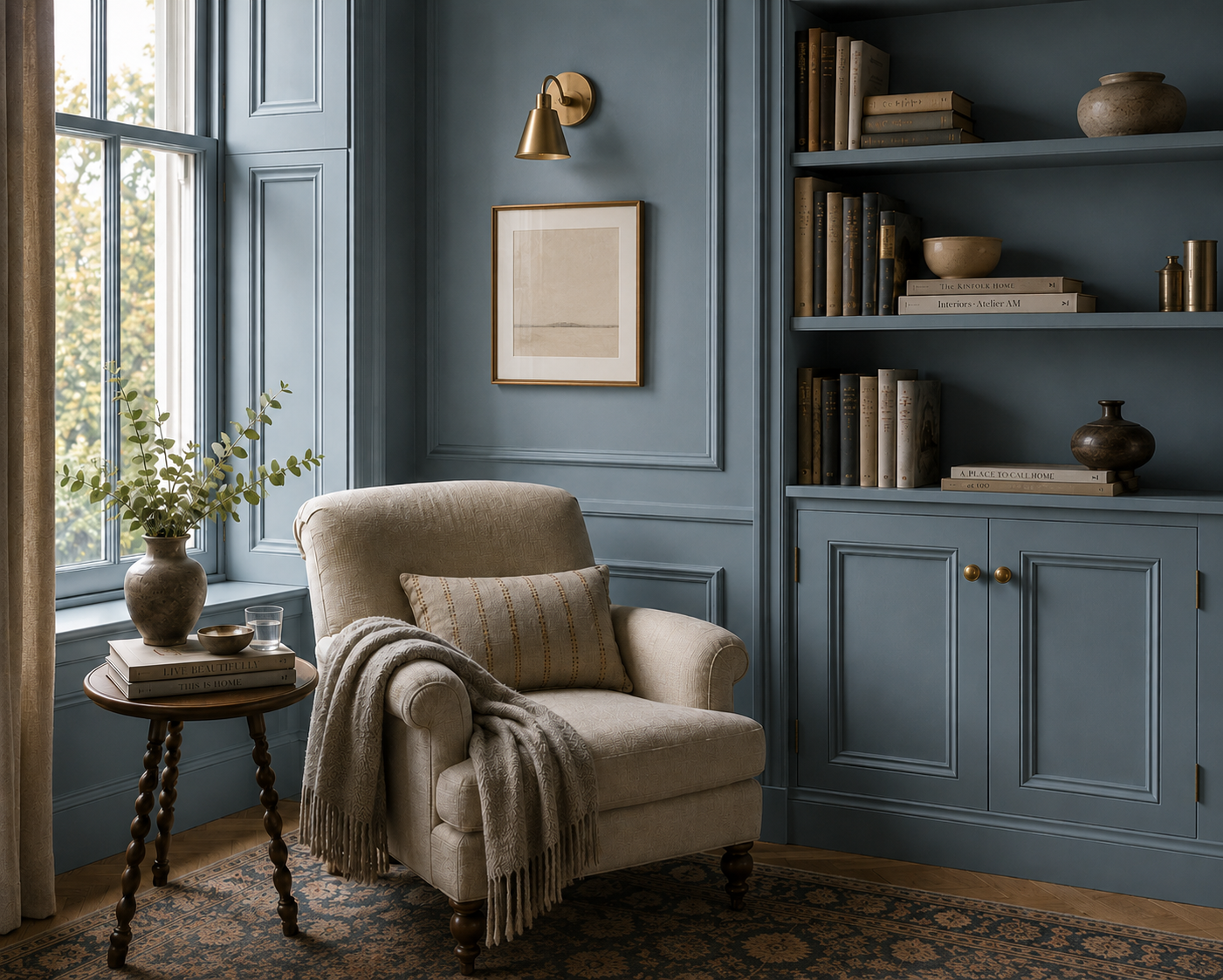 Colour-drenched reading room painted in Porto, featuring blue-grey panelled walls, built-in shelving, a neutral armchair and soft natural light.
