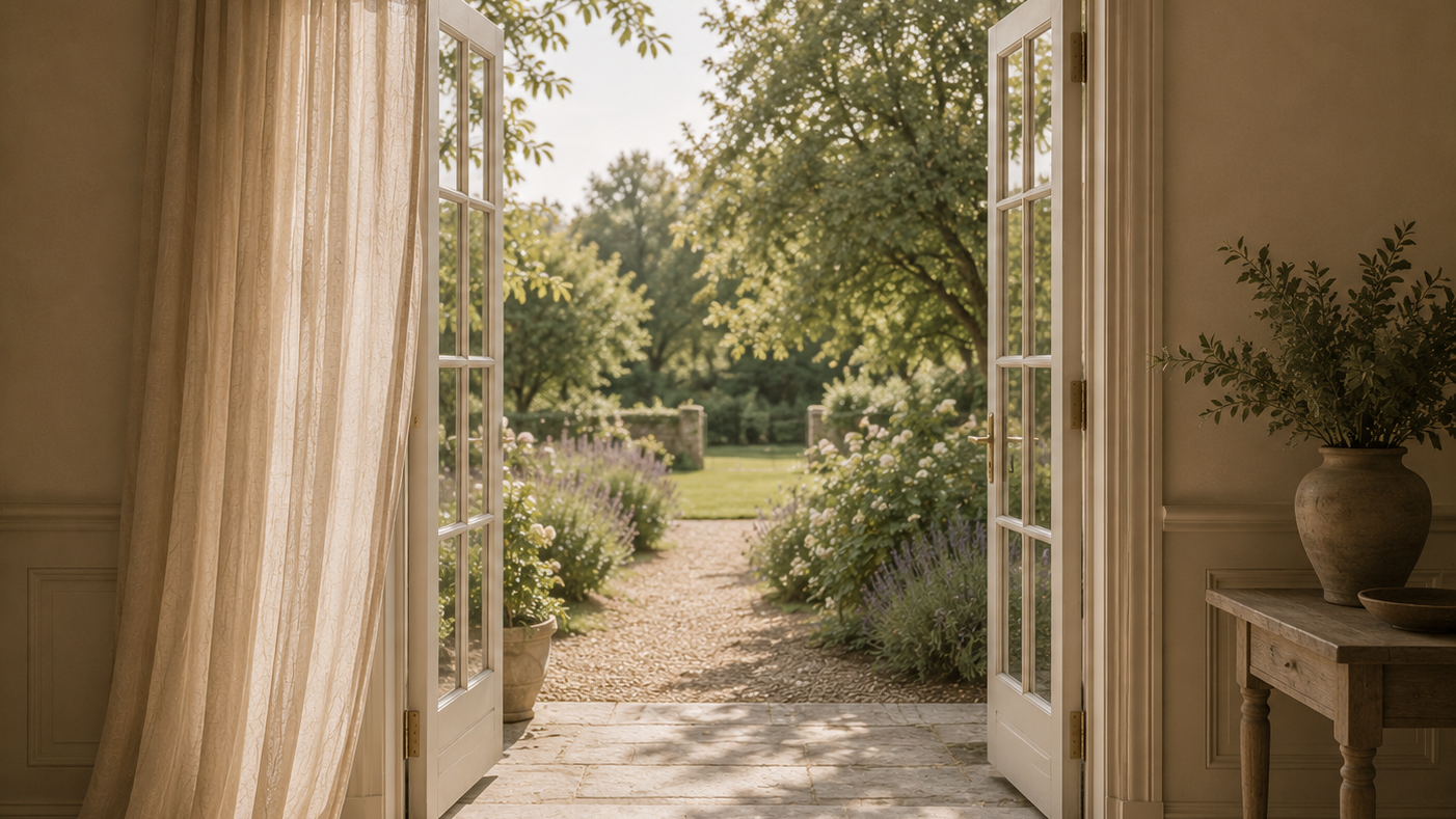 Open French doors leading to a garden with trees and flowers, with curtains partially drawn.